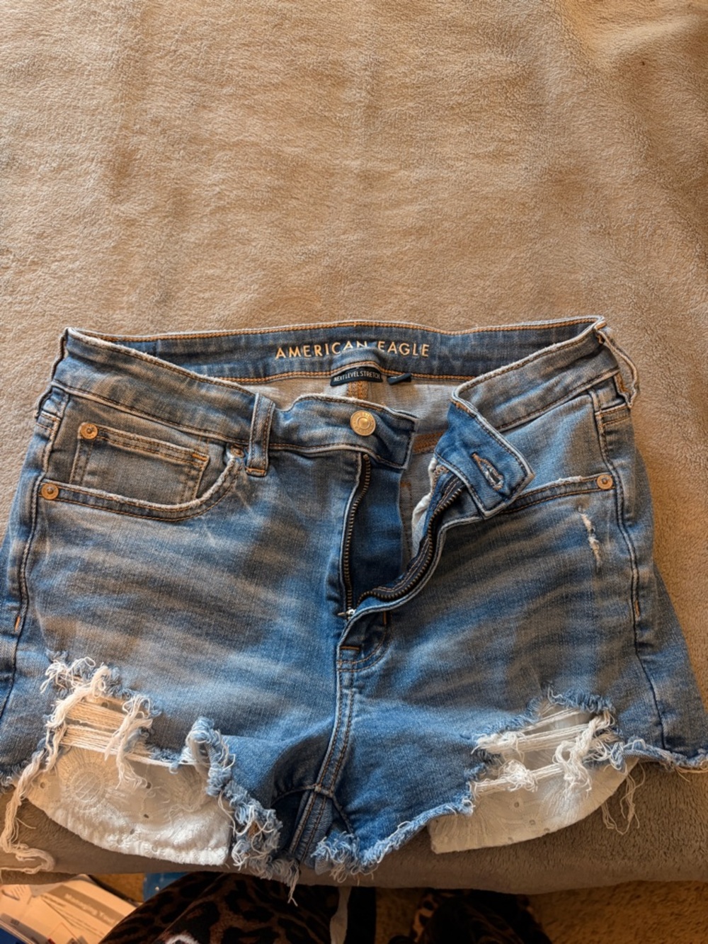 American Eagle Outfitters Light Blue Distressed Denim Lace-Trim Shorts